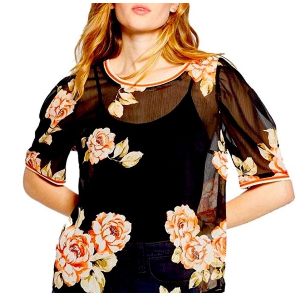 A New Day Sheer Floral Puff Sleeve Blouse Black Orange Rose Print Top S
